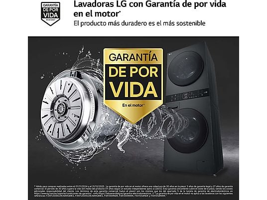 Lavadora secadora - LG WT1210BBF, Torre de lavado 12/10 kg, TurboWash™, Smart Pairing™, Inox grafito
