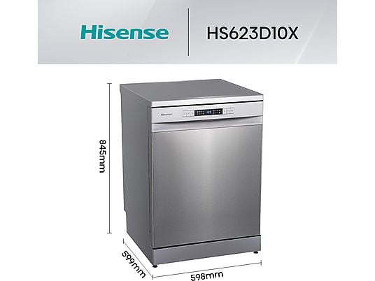 Lavavajillas - Hisense HS623D10X, 14 servicios, 7 programas, 60 cm, Media Carga, Tercera bandeja, Inox