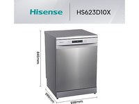 Lavavajillas - Hisense HS623D10X, 14 servicios, 7 programas, 60 cm, Media Carga, Tercera bandeja, Inox