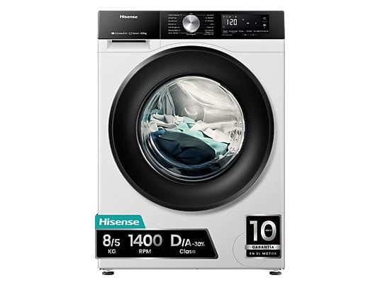 Lavadora secadora - Hisense WD3S8043BW3, 8 kg/5 kg, 1400 rpm, 16 programas. Clase A-30%, WiFi, Blanco