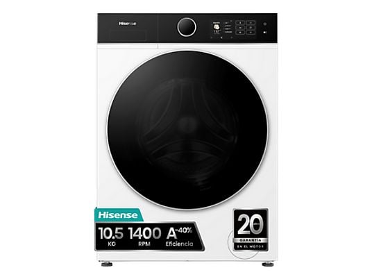 Lavadora carga frontal - Hisense WF5I1045BWQ , 10.5 kg, 1400 RPM, 18 programas, Fondo reducido 55.5 cm, Autodosificación, Blanco