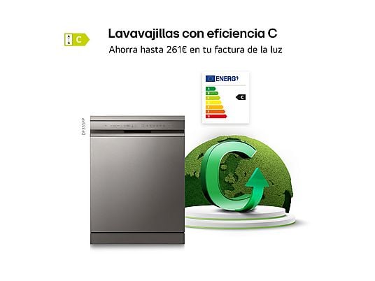Lavavajillas - LG DF355FP, 14 servicios, 9 programas, 60 cm, LED táctil, Tercera bandeja, QuadWash™, Acero inoxidable