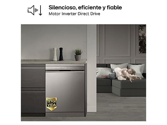 Lavavajillas - LG DF355FP, 14 servicios, 9 programas, 60 cm, LED táctil, Tercera bandeja, QuadWash™, Acero inoxidable