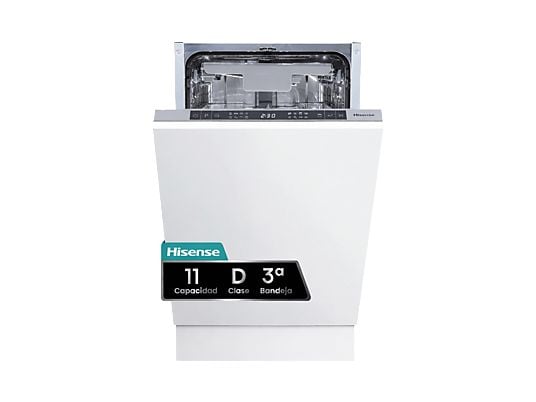 Lavavajillas integrable - Hisense HV543D10, 11 servicios, 7 programas, 44.8 cm, Tercera bandeja, Inverter, Sin Panelar