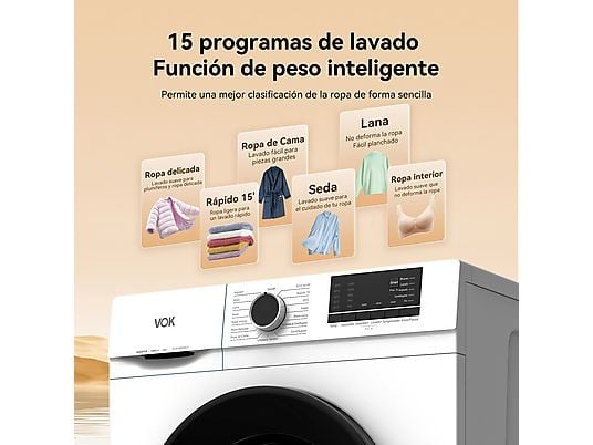 Lavadora carga frontal - VOK EVW-7BAWL21N, 7 kg, 1200 rpm, 15 programas, Blanco